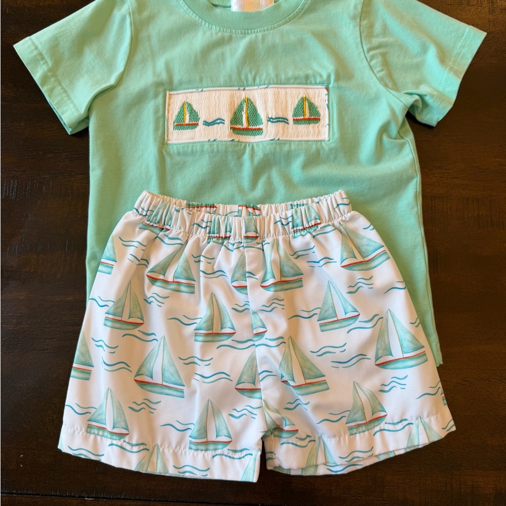 Mint Green Sailboat Smocked Tee & Sail Print Shorts Set